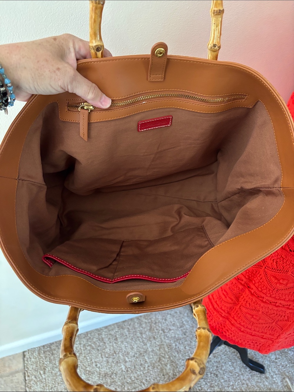 J. McLaughlin Bamboo-Handle Shoulder Chestnut Brown Tote Bag-Gorgeous! - Picture 12 of 13